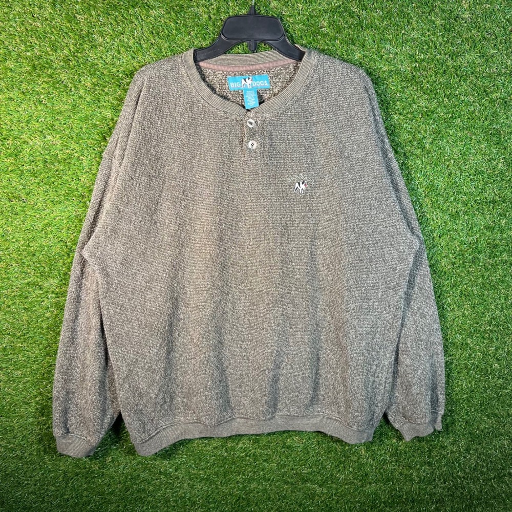 Big Dogs Mens XL Henley Sweater Brown Marl Textured Knit Pullover Logo
